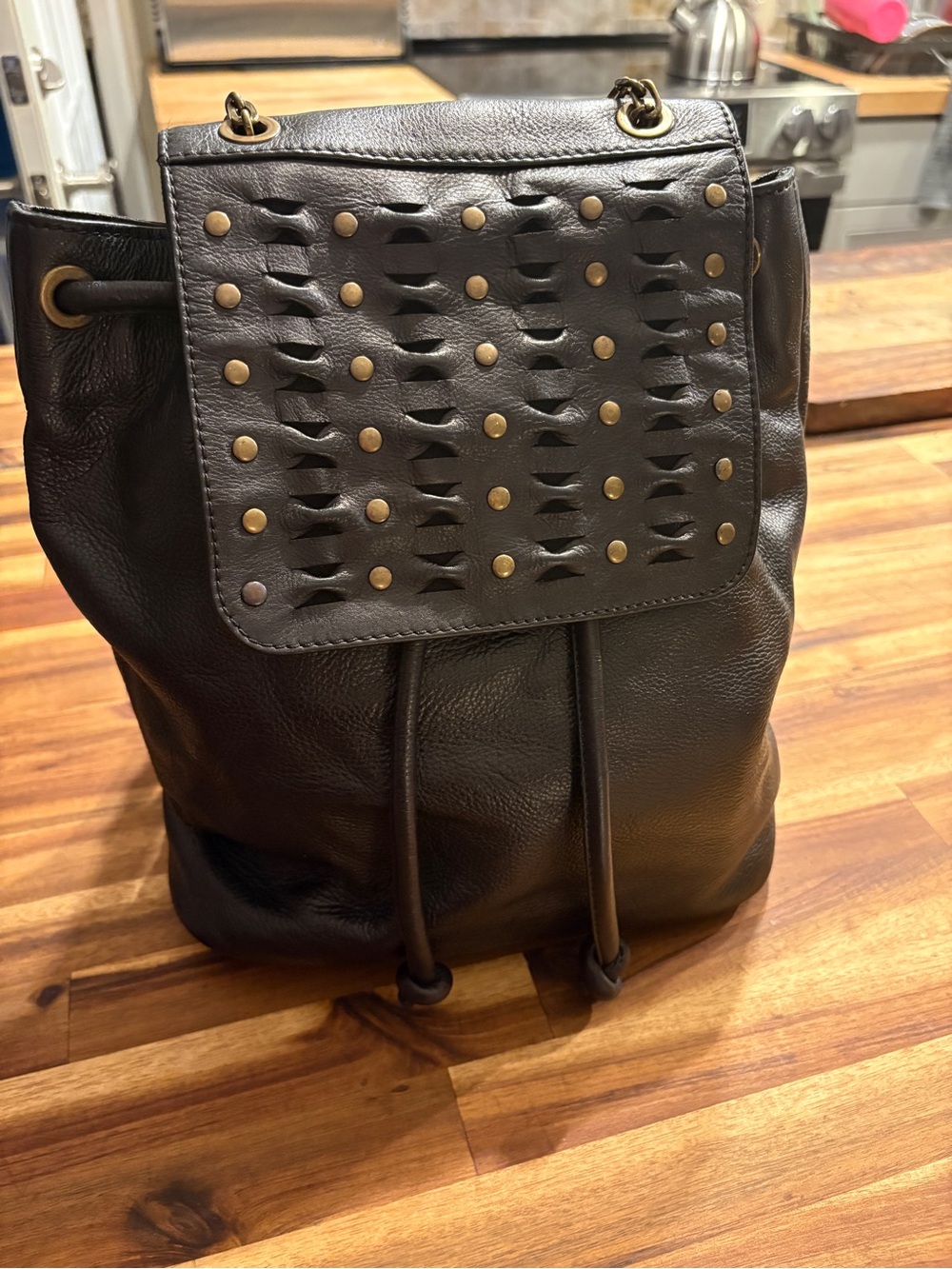 Frye Black Leather Studded Drawstring Backpack